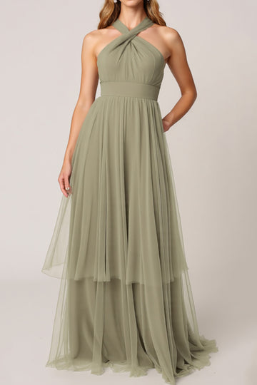 Halter A Line Tulle Olive Bridesmaid Dress
